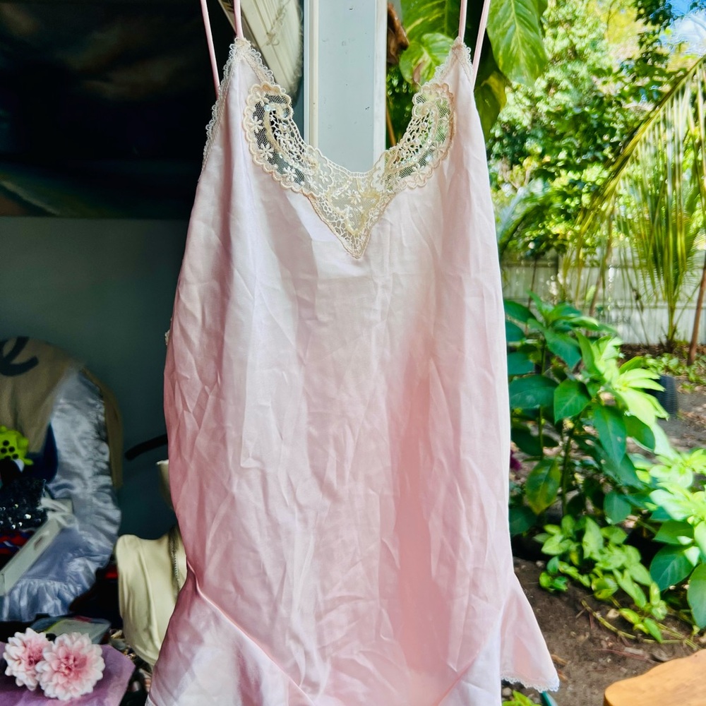 Romantic Pink Chemise with Lace and Ruffled Hem